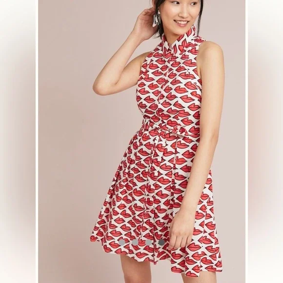 Anthropologie Red Smooch Dress. All Over Red Lip Design. Button Front. Pockets. - Picture 7 of 16